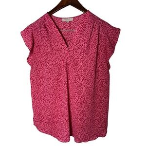 Chaus New York Blouse Womens Medium Pink Floral V-Neck Flutter Sleeve Top